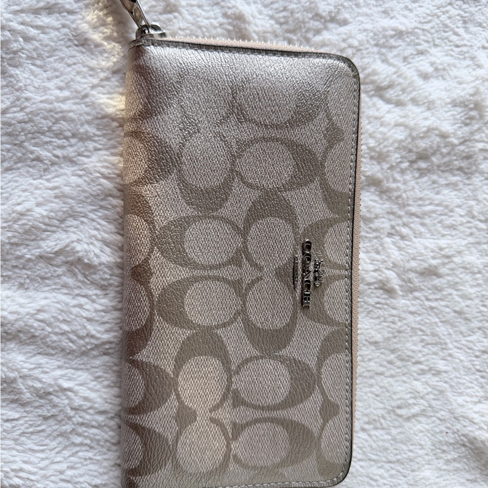 Coach Metallic Beige Signature Wallet with Silver Logo Hardware